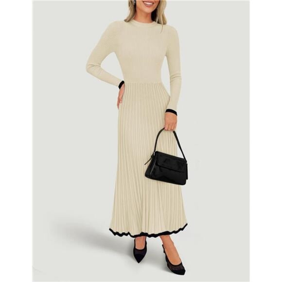 Dresses & Skirts - Women's Sweater Dress Crewneck Ribbed Knit Beige